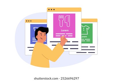 Mobile commerce concept in modern flat design for web. Man choosing food, products and clothes in menu of online store, making purchases with safe paying and bargain prices. Vector illustration.