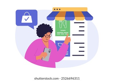 Concepto de comercio móvil en diseño plano moderno para el Web. Mujer que elige productos alimenticios en el menú de la tienda de Internet, haciendo compras en línea en la aplicación del smartphone con el pago seguro. Ilustración vectorial.