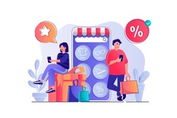 Mobile Commerce Concept With People Scene. Woman And Man Byers Making Purchases, Ordering At Website Shop, Online Paying In Application. Vector Illustration With Characters In Flat Design For Web