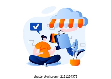 Mobile commerce concept with people scene in flat cartoon design. Woman makes online purchases, orders fast delivery at home and pays for goods in application. Vector illustration visual story for web