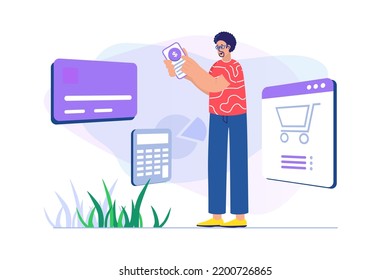 Concepto de comercio móvil con escena de personas. Ilustración del vector