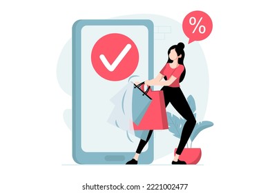 Mobile commerce concept with people scene in flat design. Woman making online shopping and buying with discount prices in smartphone application. Vector illustration with character situation for web