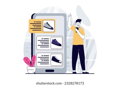 Mobile commerce concept with people scene in flat design for web. Man choosing shoes in assortment of online store and making order. Vector illustration for social media banner, marketing material.