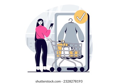 Mobile Commerce Konzept mit Menschen Szene in flachem Design für Web. Frauen mit Supermarkt-Warenkorb, die Kleidung in Online-Shop-App auswählen. Vektorgrafik für Social-Media-Banner, Marketingmaterial.