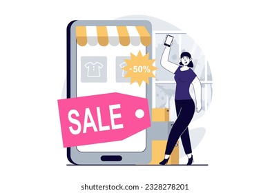 Concepto de comercio móvil con escena de personas en diseño plano para web. Las mujeres realizan compras con descuentos en el precio de venta en aplicación. Ilustración vectorial para banner de medios sociales, material de marketing.