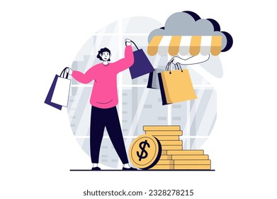 Mobile commerce concept with people scene in flat design for web. Woman with shopping bags making online orders and buying goods. Vector illustration for social media banner, marketing material.