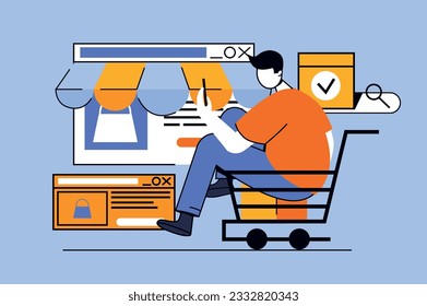 Mobile commerce concept with people scene in flat design for web. Man choosing goods at store, ordering and paying online in app. Vector illustration for social media banner, marketing material.