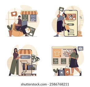 Mobile commerce concept scenes set in flat web design. People in situations of making online shopping and purchases at sales, ordering new products, secure paying online in apps. Vector illustrations.