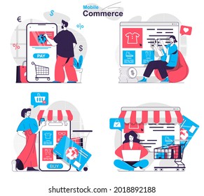 Mobile commerce concept set. Buyers choose clothes, shopping and paying online. People isolated scenes in flat design. Vector illustration for blogging, website, mobile app, promotional materials.