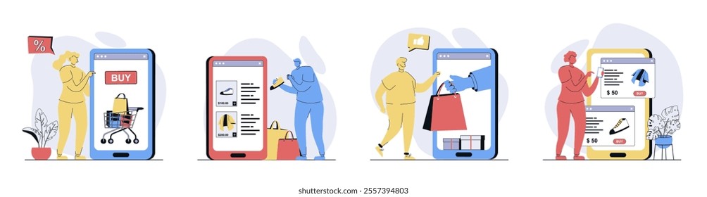 Mobile commerce concept set in flat design for web. Collection with people choosing in assortment and making online shopping at sales, ordering products, paying online in apps. Vector illustrations.