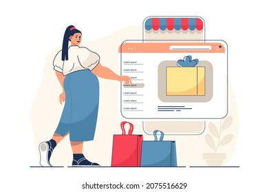 Mobile commerce concept for web banner. Woman making purchases ordering at website shop, online payment at app modern person scene. Vector illustration in flat cartoon design with people characters