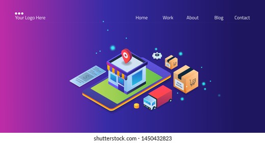 Mobile commerce, Digital shopping, Marketplace on mobile, buy and sell products online conceptual 3D, isometric vector landing page