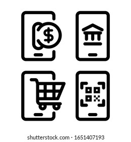 Mobile commerce icons set. Digital payment on mobile screen, banking, cash, shopping and code scan applications. Simple design. Line vector. Isolate on white background.