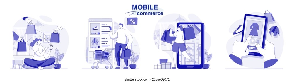 Comercio móvil aislado en diseño plano. Personas comprando aplicaciones móviles, comercio electrónico, comercio electrónico, colección de escenas. Ilustración vectorial para blogs, sitio web, aplicación móvil, materiales promocionales.