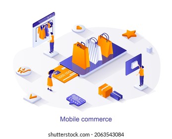 Mobile commerce isometric web concept. People buy clothes on store site, pay for purchases and order home delivery using mobile application scene. Vector illustration for website template in 3d design