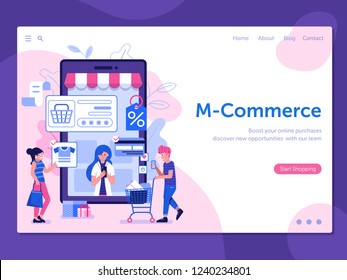 Mobile commerce landing page with people shopping on smartphone. Online mobile shopping web banner with man and woman making purchases on internet. E-commerce UI advertising illustration.