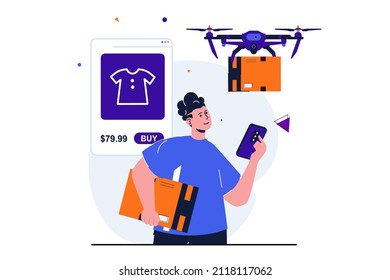 Mobile commerce modern flat concept for web banner design. Man makes purchases and uses delivery service, flying drone brings order to customer at home. Vector illustration with isolated people scene