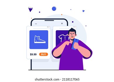 Mobile commerce modern flat concept for web banner design. Customer chooses goods in online store and compares prices, makes purchases in application. Vector illustration with isolated people scene