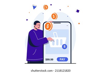 Mobile commerce modern flat concept for web banner design. Man chooses goods in online store and forms shopping basket for payment using application. Vector illustration with isolated people scene