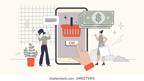 El comercio móvil con la tienda web en línea compra el concepto de neburutalismo de la persona pequeña. Aplicación de venta al por menor con productos y ofertas de ilustración vectorial. Sistema de transacciones de pago de comercio electrónico e internet shopping.