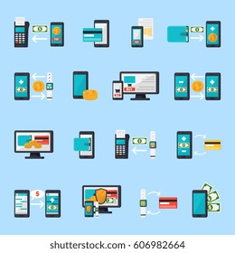 Mobile commerce orthogonal icons collection with flat smartphone payment terminal money and smart watch isolated images vector illustration