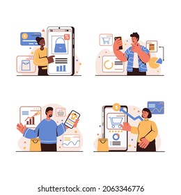 Mobile commerce people concept isolated scenes set. Men and women make purchases on mobile apps. Customers shopping and making online payments on their smartphones. Vector illustration in flat design