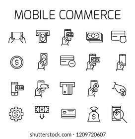 Mobile commerce related vector icon set. Well-crafted sign in thin line style with editable stroke. Vector symbols isolated on a white background. Simple pictograms.