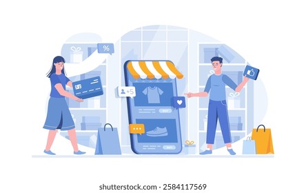 Mobile commerce. Shopper chooses products in online store and makes purchases and activities in application. Vector illustration with characters in flat design for web banner.	
