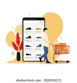 Mobile commerce vector concept, a man with a trolley full of shopping item, e-commerce advertising illustration.