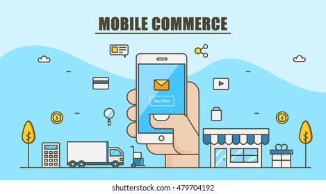 Concepto vectorial de Mobile Commerce, compra en línea con teléfono móvil, incluidos iconos de aplicaciones
