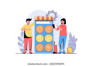 Mobile commerce web concept with cartoon people design. Woman and man making online purchases, ordering clothes, shoes or food at shop in app. Flat vector illustration isolated on white background.