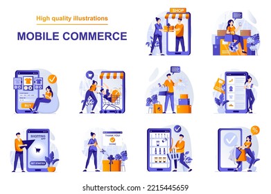 Mobile commerce web concept with people scenes set in flat style. Bundle of online shopping in applications, buying goods and gifts, aking purchases in app. Vector illustration with character design