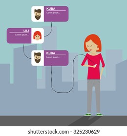 Mobile communication in big city, flat vector illustration