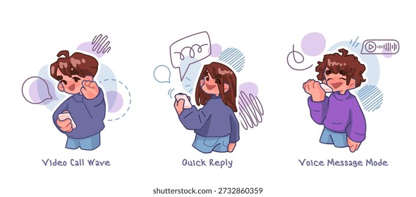 Mobile Communication Character Action Set showing people using smartphones. Cute flat cartoon illustrations for messaging apps, digital interaction and UI concepts.
