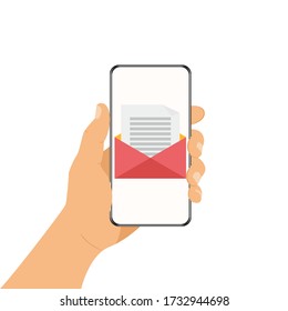 Concepto de comunicación móvil. El teléfono en la mano de un humano. Recibir correo electrónico, ver y leer correo electrónico. Aplicación de correo electrónico móvil.