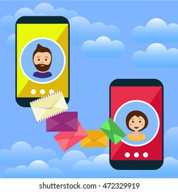 Mobile communication concept, two people with an envelopes