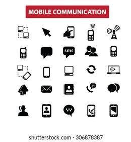 mobile communication, connection, network, community concept isolated black icons, signs, illustrations on white background for web, application, internet