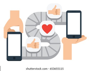 Mobile communication, conveyor smartphone messenger, social media icons. Flat design vector illustration