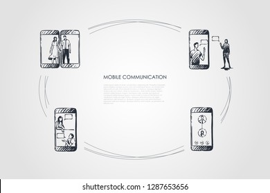 Mobile communication - mobile phone screen and people communicating on it vector concept set. Hand drawn sketch isolated illustration