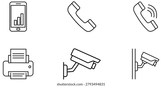 Mobile Communication And Security Icons Collection Phone Printer Camera Surveillance Elements for Business Technology Systems