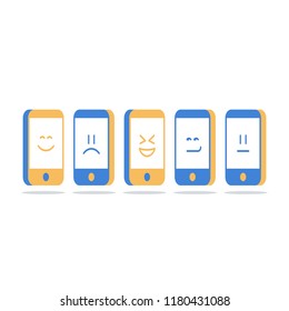 Mobile communication, smartphone screen with emoji, social media interaction, online chat, identity concept, vector icon