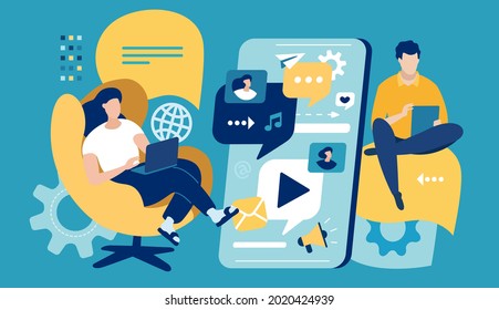 Mobile communication and social networks concept. Vector illustration of people using mobile devices.