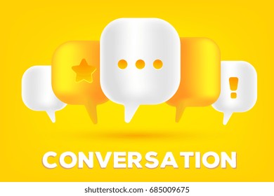 Mobile communication technology concept vector illustration. Realistic design of online chatting technology. 3d dialog speech bubbles with different marks and text conversation on yellow background