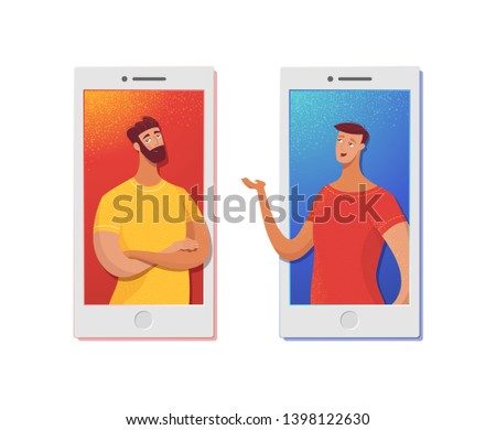 Mobile communication vector illustration. Dad, son, men, friends talking using smartphone isolated characters. Mobile application for video conferencing, calls. Modern technology for online chatting