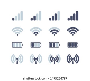 mobile communications, internet and battery icons set, flat