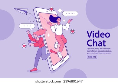 Mobile community concept. Social network illustration. Refer a friend concept banner. Digital marketing strategy. employee talk on video call on smartphone with diverse colleagues. Flat Vector.