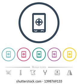 Mobile compass flat color icons in round outlines. 6 bonus icons included.