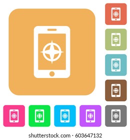 Mobile compass flat icons on rounded square vivid color backgrounds.