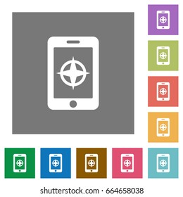 Mobile compass flat icons on simple color square backgrounds