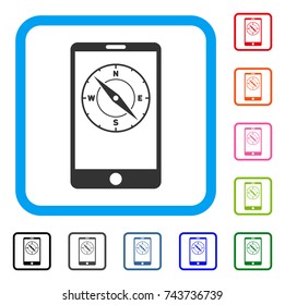 Mobile Compass icon. Flat gray pictogram symbol in a blue rounded squared frame. Black, gray, green, blue, red, orange color additional versions of Mobile Compass vector.